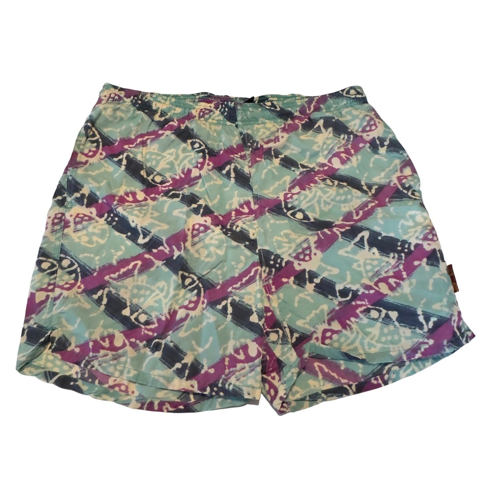 Weekends Beachwear Mens Medium Vintag 90s Abstract Swim Trunks Teal Purple Nylon